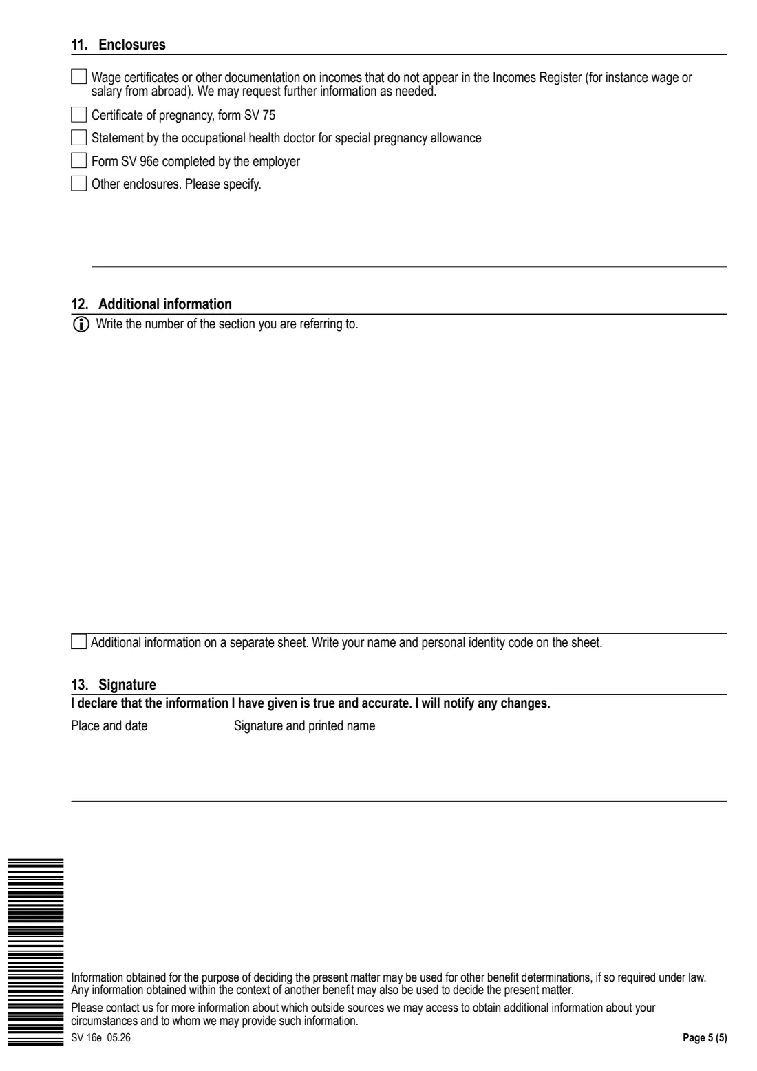 Kela SV 16e - special pregnancy allowance (2026) Application: Special pregnancy allowance for the birthing parent (SV 16e) - Hakemus: Erityisraskausraha — page 5 of 5