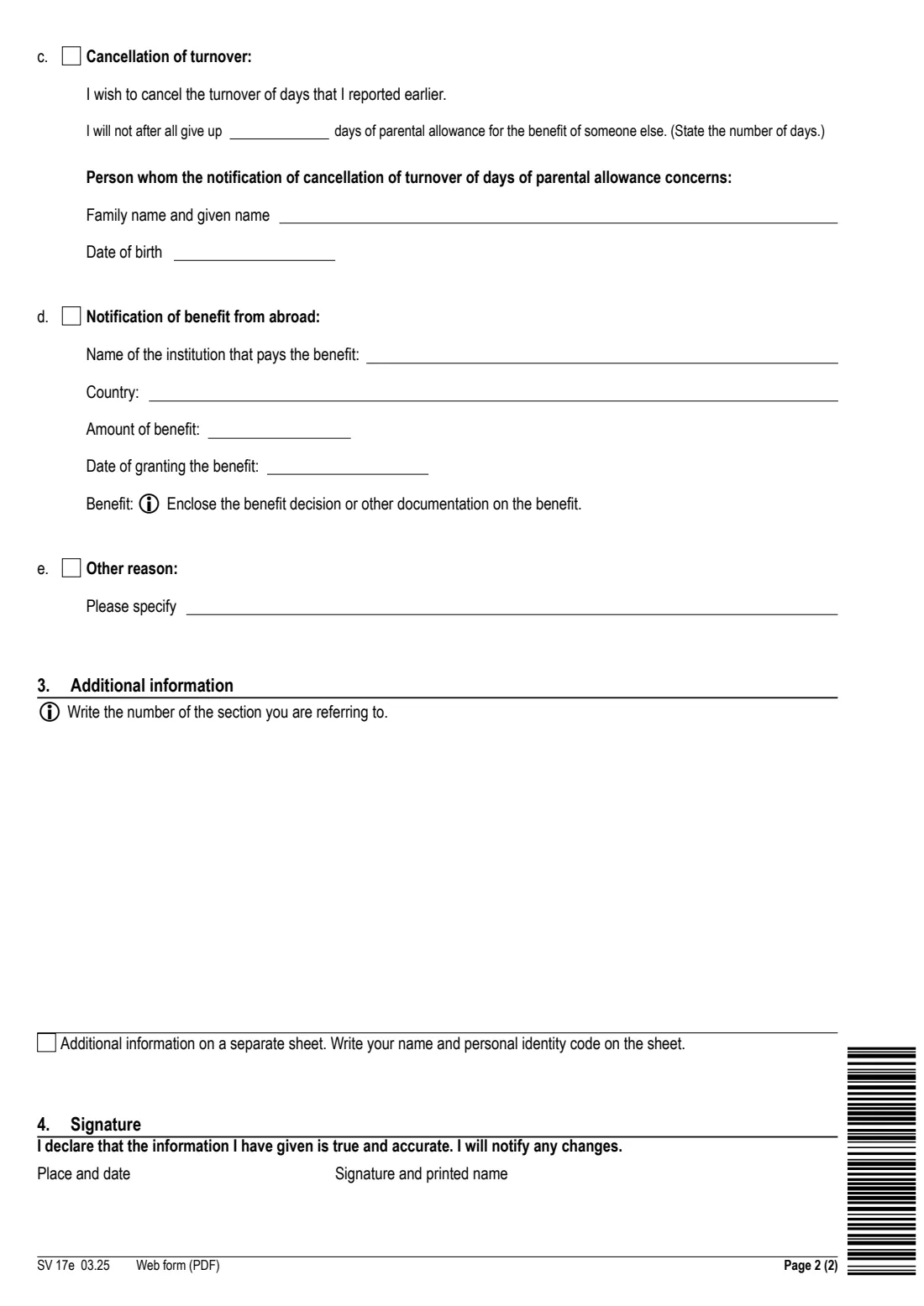 Kela SV 17e - parental allowance notification (cancel, give up days) (2025) Notification - Daily allowances for parents (SV 17e) - Ilmoitus vanhempainpäivärahoista — page 2 of 2