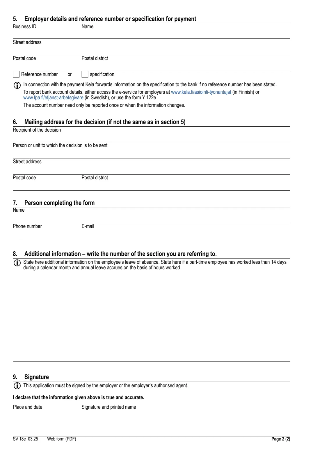 Kela SV 18e - employer's annual leave / family leave compensation (2025) Employer's application - Annual leave costs during parental allowance periods or family leave compensation (SV 18e) — page 2 of 2