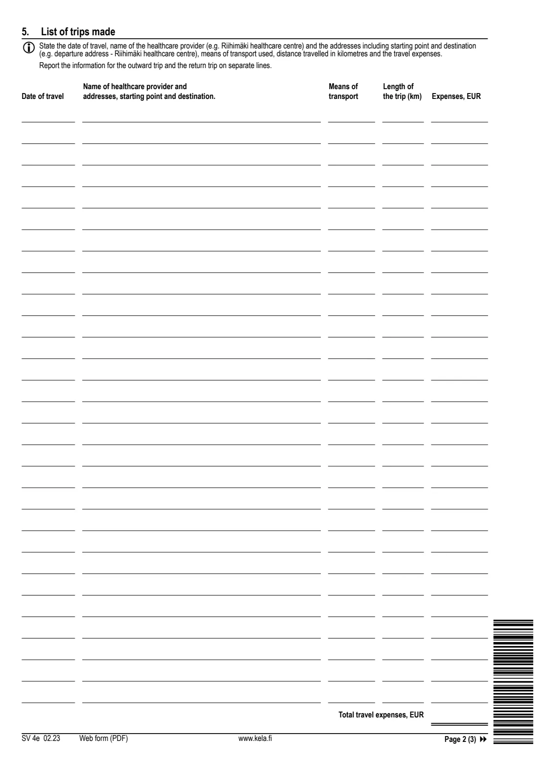 Kela SV 4e - travel expenses for health care (2023) Claim - Reimbursement for travel expenses (SV 4e) - Hakemus: Matkakorvaus — page 2 of 3
