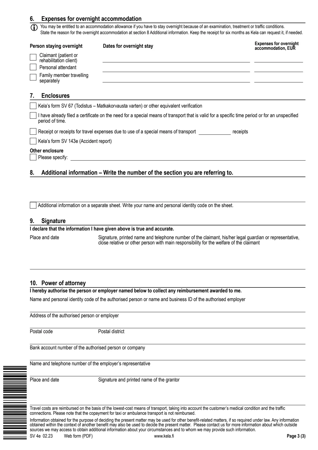 Kela SV 4e - travel expenses for health care (2023) Claim - Reimbursement for travel expenses (SV 4e) - Hakemus: Matkakorvaus — page 3 of 3