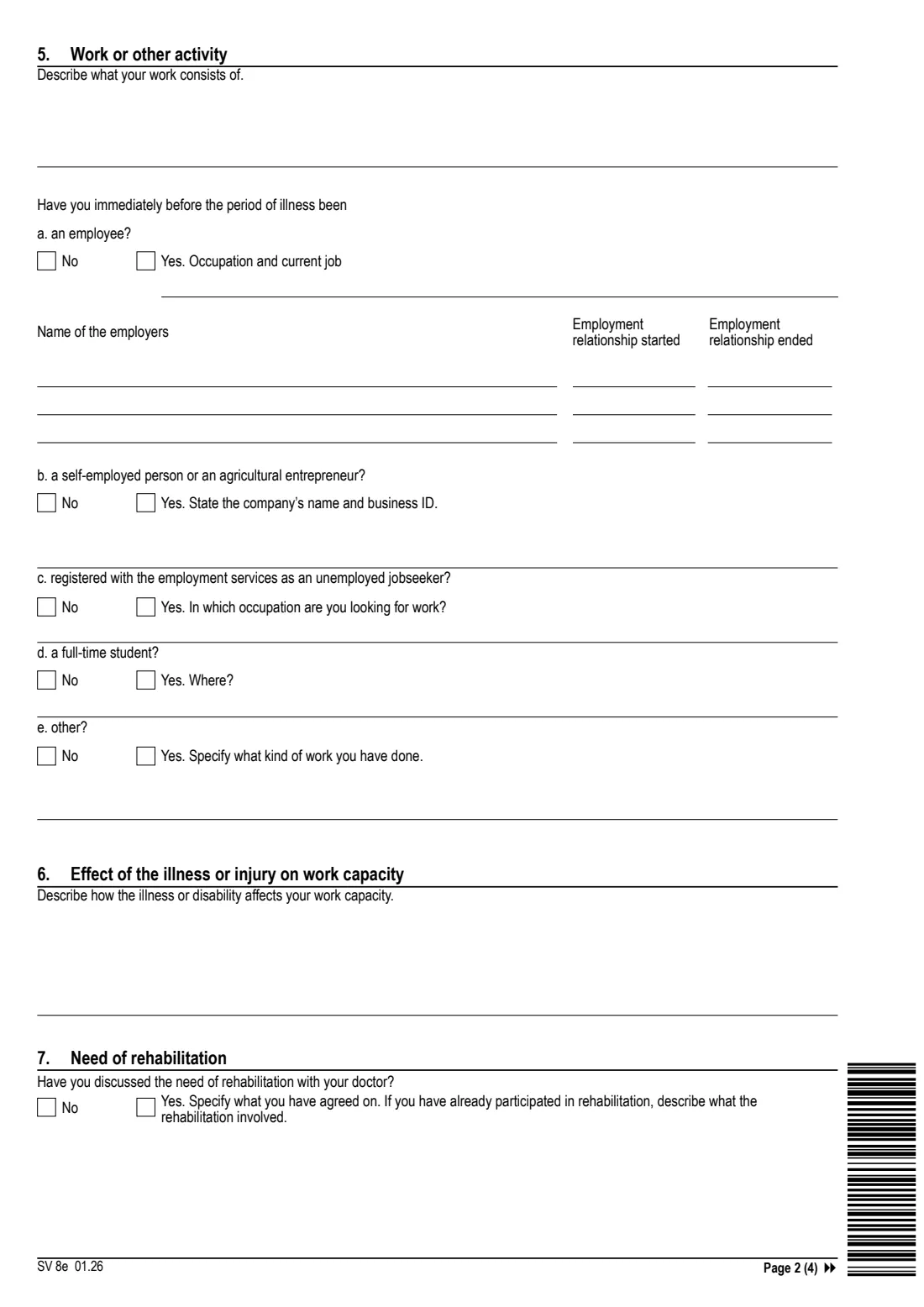 Kela SV 8e - sickness allowance claim (2026) Claim - Sickness allowances (SV 8e), with Accident report (SV 143e) - Hakemus: Sairauspäivärahat — page 2 of 6