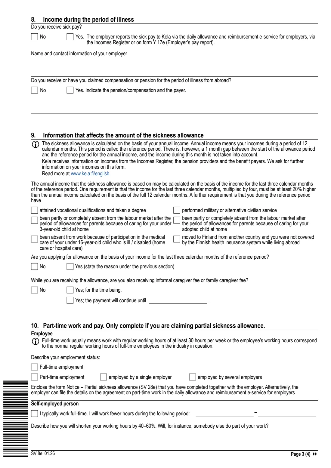 Kela SV 8e - sickness allowance claim (2026) Claim - Sickness allowances (SV 8e), with Accident report (SV 143e) - Hakemus: Sairauspäivärahat — page 3 of 6
