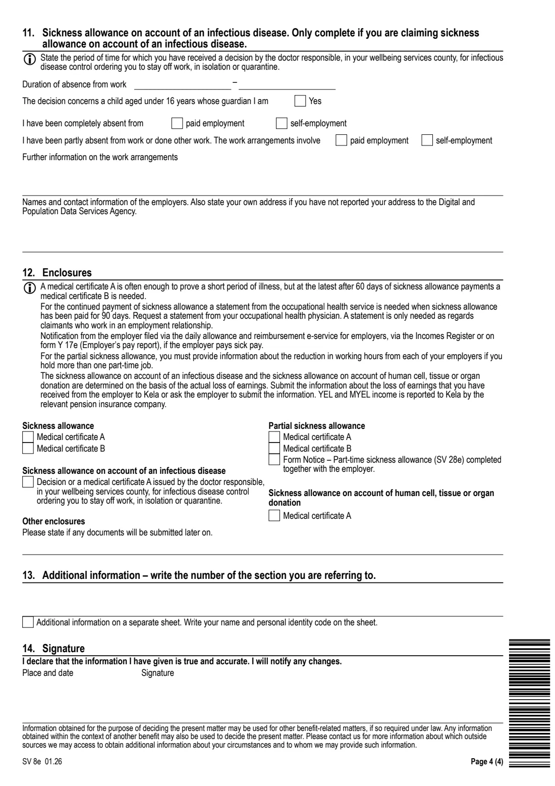 Kela SV 8e - sickness allowance claim (2026) Claim - Sickness allowances (SV 8e), with Accident report (SV 143e) - Hakemus: Sairauspäivärahat — page 4 of 6