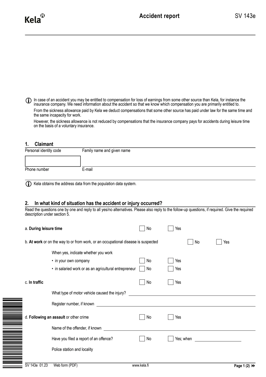 Kela SV 8e - sickness allowance claim (2026) Claim - Sickness allowances (SV 8e), with Accident report (SV 143e) - Hakemus: Sairauspäivärahat — page 5 of 6