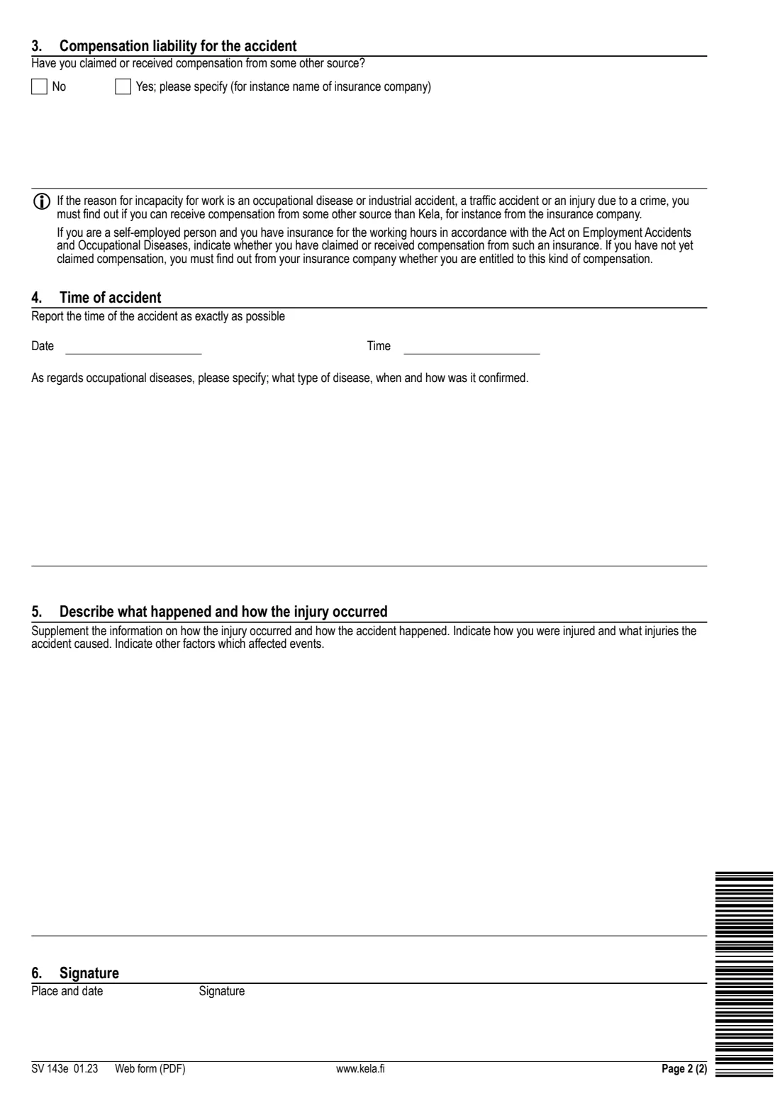 Kela SV 8e - sickness allowance claim (2026) Claim - Sickness allowances (SV 8e), with Accident report (SV 143e) - Hakemus: Sairauspäivärahat — page 6 of 6