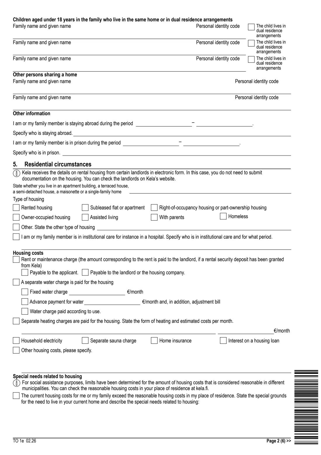 Kela TO 1e - basic social assistance (2026) Application: Social assistance (TO 1e) - Hakemus: Toimeentulotuki — page 2 of 6