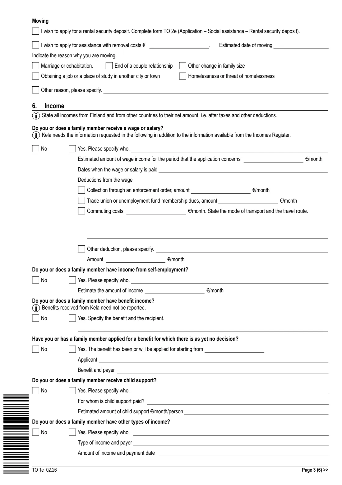 Kela TO 1e - basic social assistance (2026) Application: Social assistance (TO 1e) - Hakemus: Toimeentulotuki — page 3 of 6
