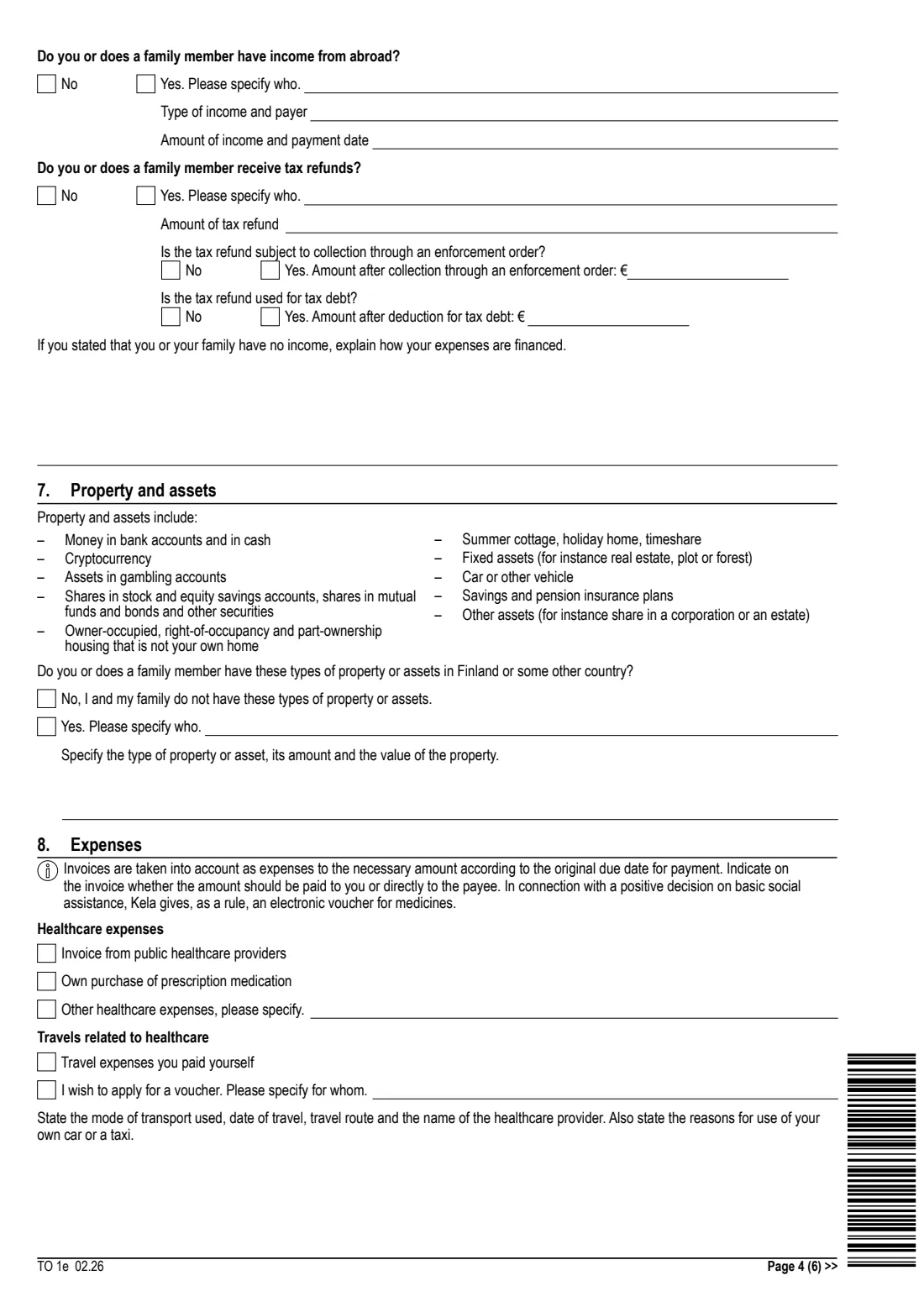 Kela TO 1e - basic social assistance (2026) Application: Social assistance (TO 1e) - Hakemus: Toimeentulotuki — page 4 of 6