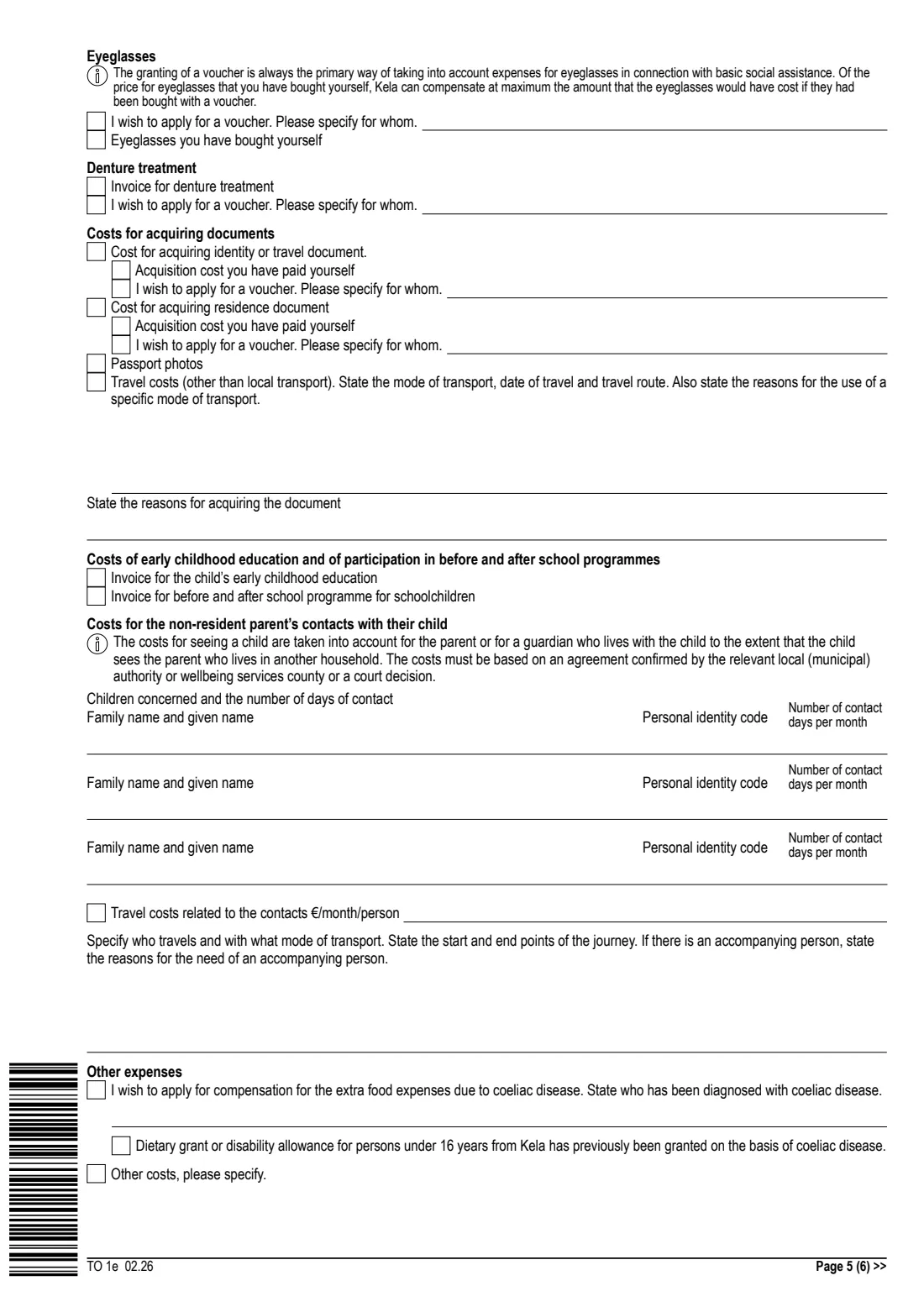 Kela TO 1e - basic social assistance (2026) Application: Social assistance (TO 1e) - Hakemus: Toimeentulotuki — page 5 of 6