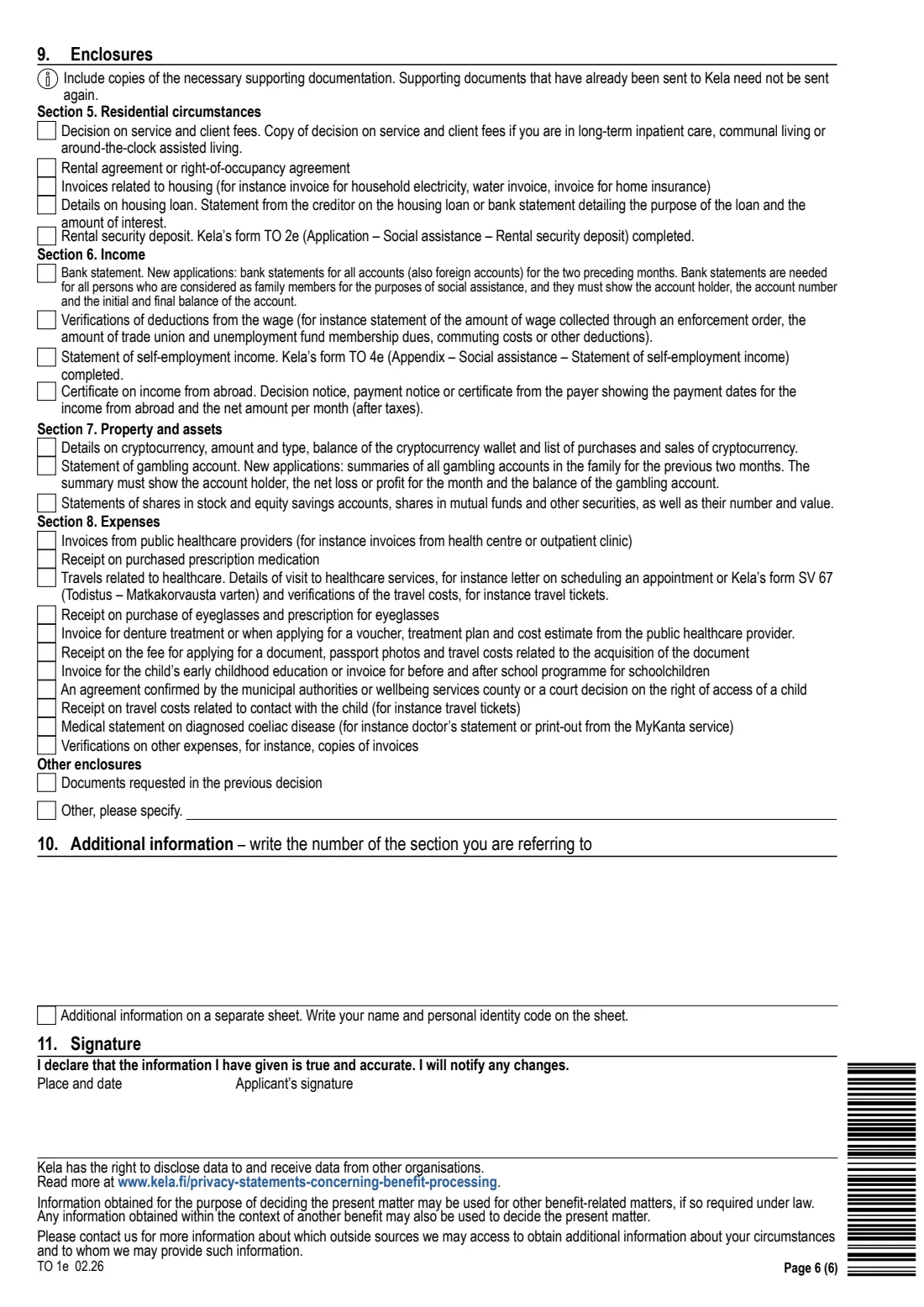 Kela TO 1e - basic social assistance (2026) Application: Social assistance (TO 1e) - Hakemus: Toimeentulotuki — page 6 of 6