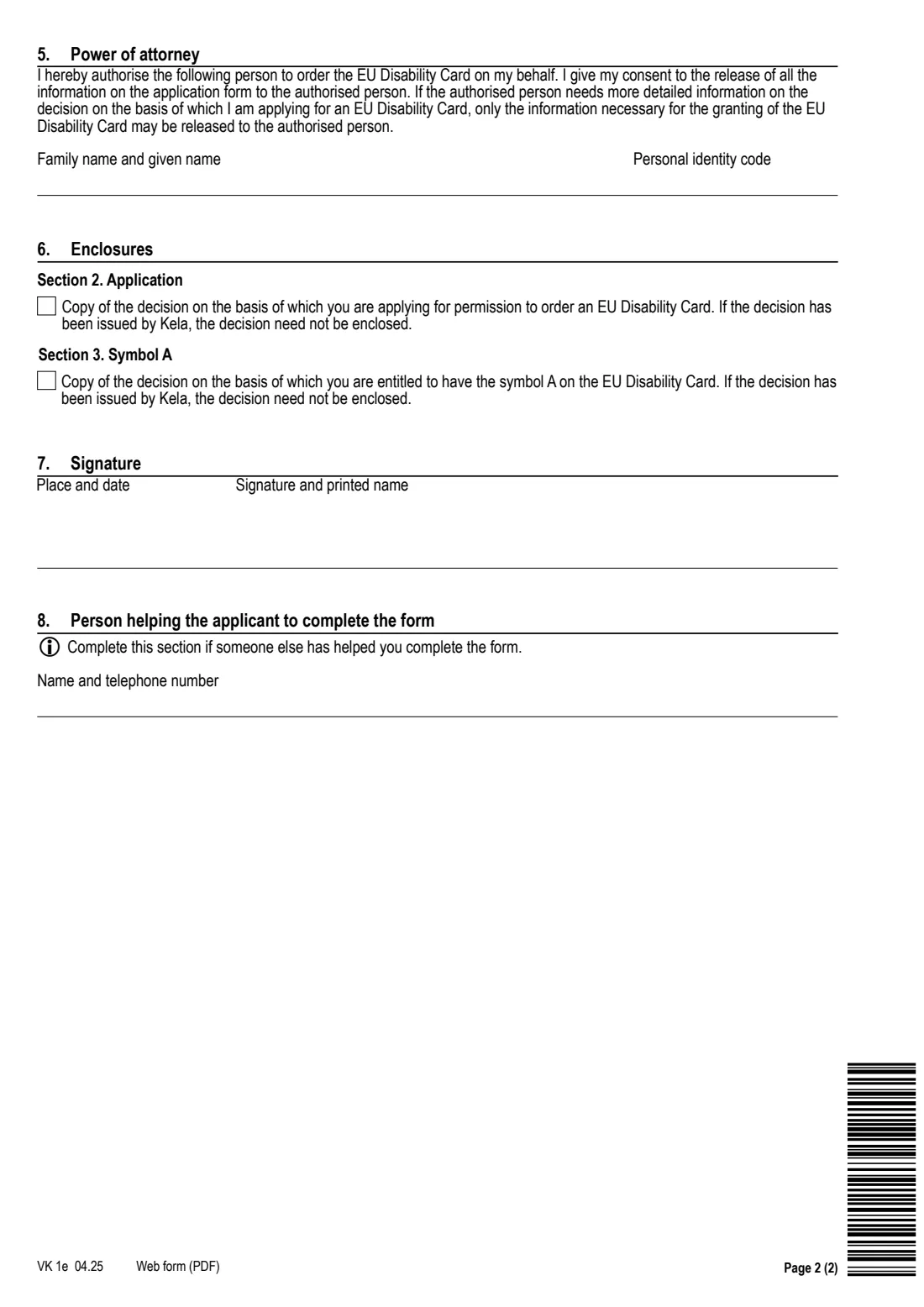 Kela VK 1e - EU Disability Card (2025) Permission to order an EU Disability Card (VK 1e) - Lupa tilata EU-vammaiskortti — page 2 of 2