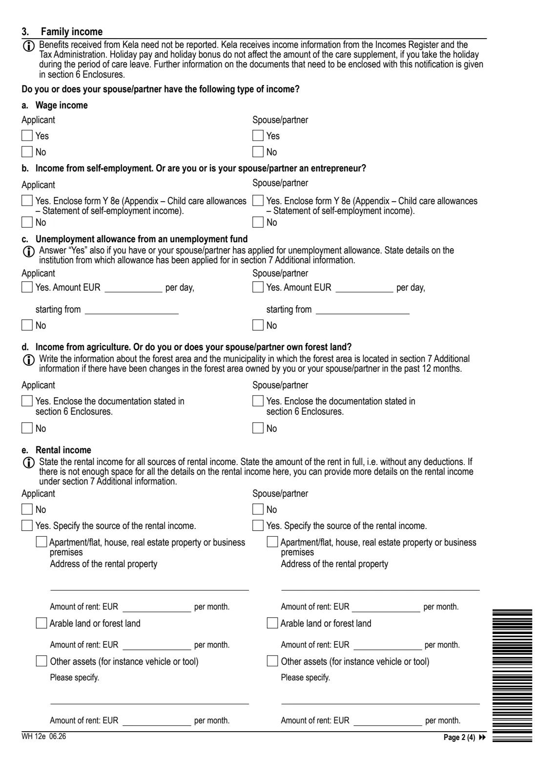 Kela WH 12e - child care allowance changes (2026) Notification of changes: Child care allowance (WH 12e) - Muutosilmoitus: Lasten hoidon tuet — page 2 of 4