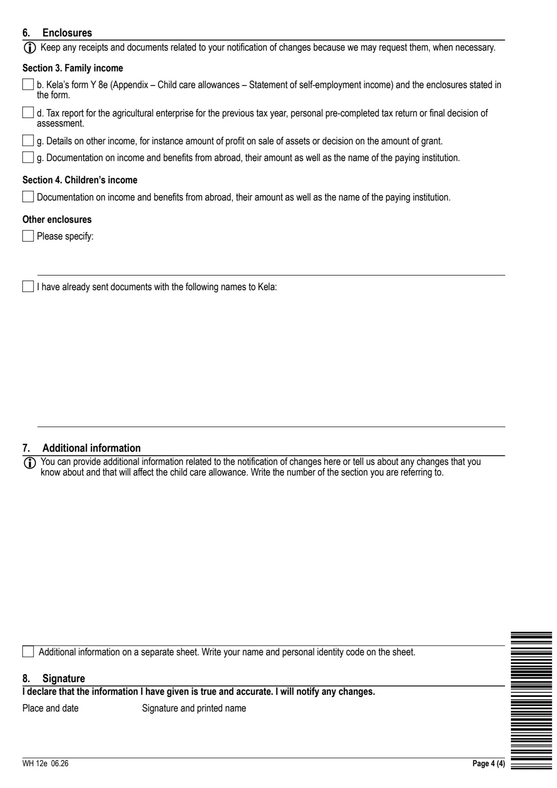 Kela WH 12e - child care allowance changes (2026) Notification of changes: Child care allowance (WH 12e) - Muutosilmoitus: Lasten hoidon tuet — page 4 of 4