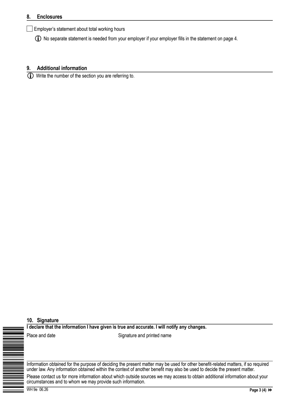 Kela WH 9e - flexible / partial care allowance (2026) Application: Flexible care allowance / Partial care allowance (WH 9e) - Hakemus: Joustava hoitoraha / Osittainen hoitoraha — page 3 of 4