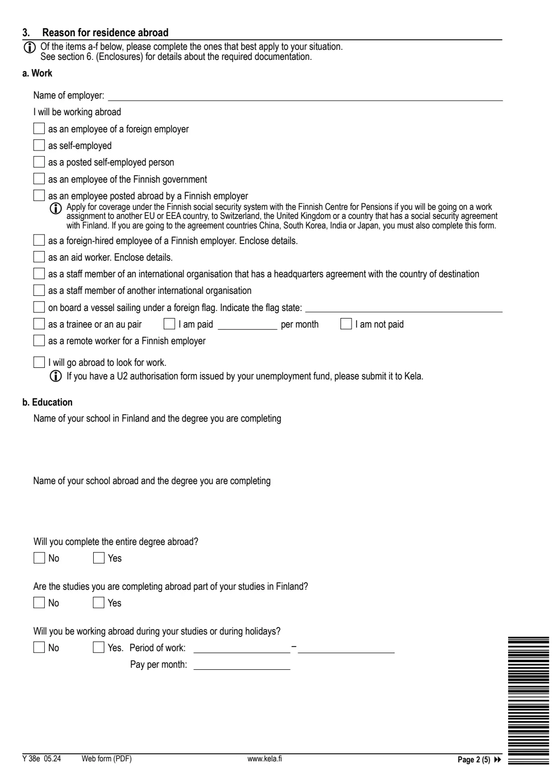 Kela Y 38e - moving abroad (2024) Notification: Moving from Finland or employment abroad (Y 38e) - Ilmoitus: Muutto ulkomaille tai työskentely ulkomailla — page 2 of 5