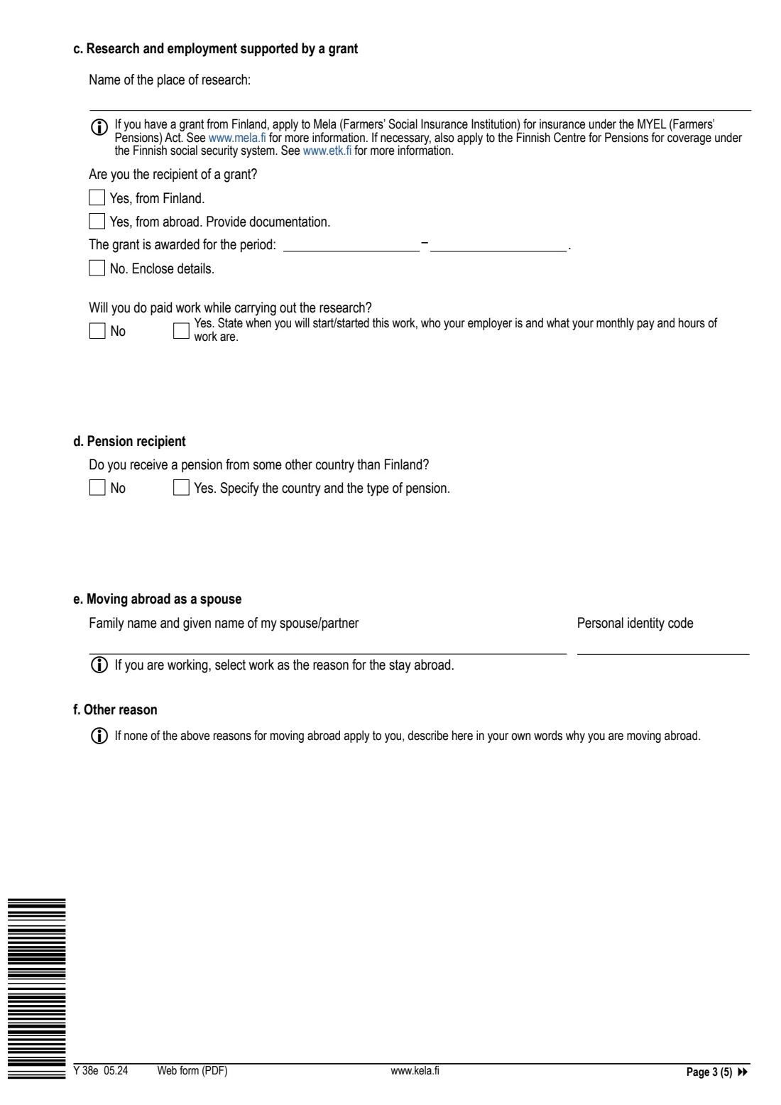 Kela Y 38e - moving abroad (2024) Notification: Moving from Finland or employment abroad (Y 38e) - Ilmoitus: Muutto ulkomaille tai työskentely ulkomailla — page 3 of 5