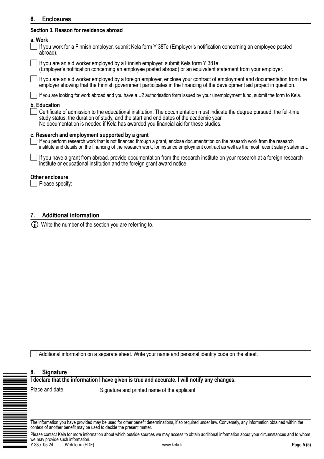 Kela Y 38e - moving abroad (2024) Notification: Moving from Finland or employment abroad (Y 38e) - Ilmoitus: Muutto ulkomaille tai työskentely ulkomailla — page 5 of 5