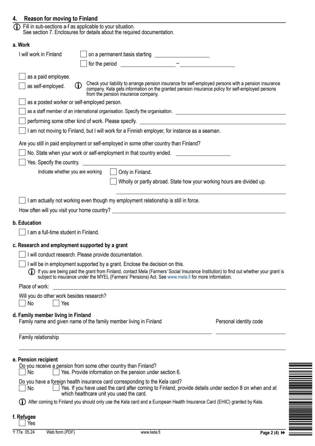 Kela Y 77e - moving to Finland (2024) Notification: Moving to Finland or employment in Finland (Y 77e) - Ilmoitus: Muutto Suomeen tai työskentely Suomessa — page 2 of 4