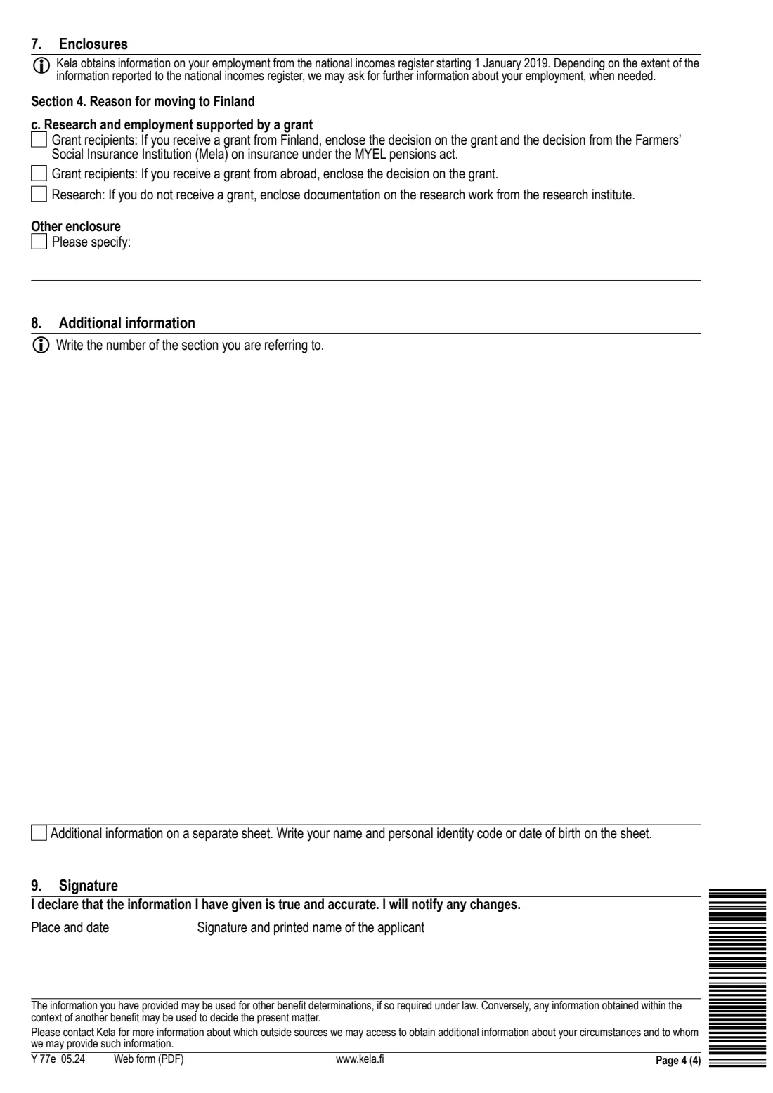 Kela Y 77e - moving to Finland (2024) Notification: Moving to Finland or employment in Finland (Y 77e) - Ilmoitus: Muutto Suomeen tai työskentely Suomessa — page 4 of 4