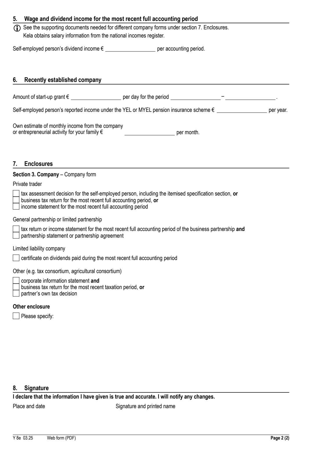Kela Y 8e - self-employment income (child care allowances) (2025) Appendix - Child care allowances: Statement of self-employment income (Y 8e) - Liite: Lasten hoidon tuet, selvitys yrittäjätuloista — page 2 of 2