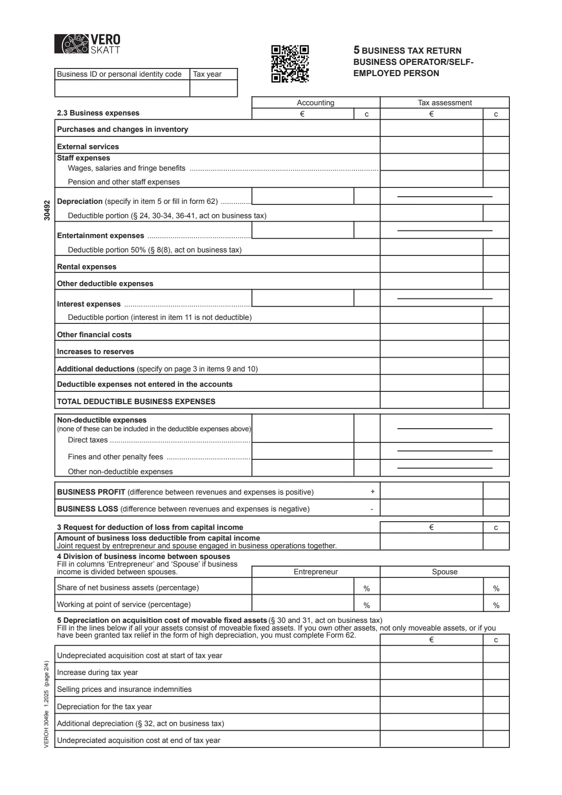 Vero form 5 (3049e) - business tax return, self-employed (2025) Tax return 5 - Business tax return for business operators and self-employed persons (3049e) - Veroilmoitus 5, elinkeinotoiminta — page 2 of 4