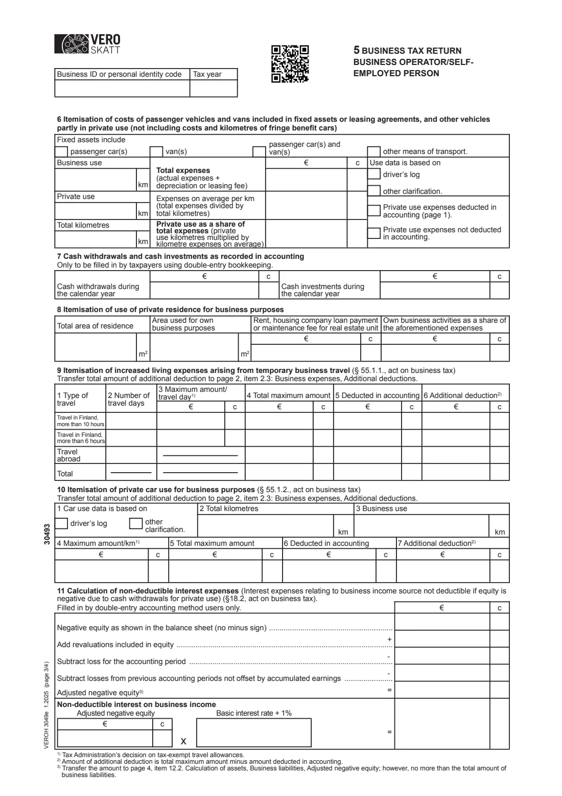 Vero form 5 (3049e) - business tax return, self-employed (2025) Tax return 5 - Business tax return for business operators and self-employed persons (3049e) - Veroilmoitus 5, elinkeinotoiminta — page 3 of 4