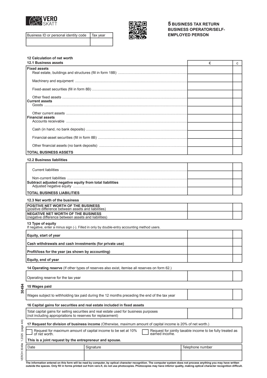 Vero form 5 (3049e) - business tax return, self-employed (2025) Tax return 5 - Business tax return for business operators and self-employed persons (3049e) - Veroilmoitus 5, elinkeinotoiminta — page 4 of 4
