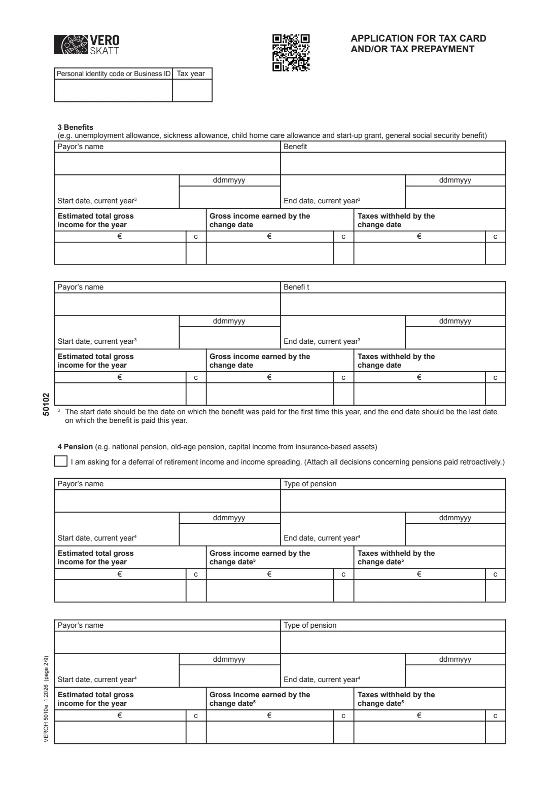 Vero 5010e — tax card / prepayment application (residents) (2026) Application for tax card and/or tax prepayment (VEROH 5010e) — page 2 of 9