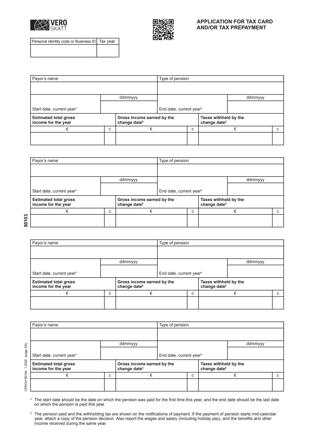 Vero 5010e — tax card / prepayment application (residents) (2026) Application for tax card and/or tax prepayment (VEROH 5010e) — page 3 of 9