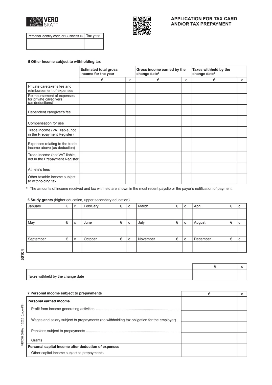 Vero 5010e — tax card / prepayment application (residents) (2026) Application for tax card and/or tax prepayment (VEROH 5010e) — page 4 of 9