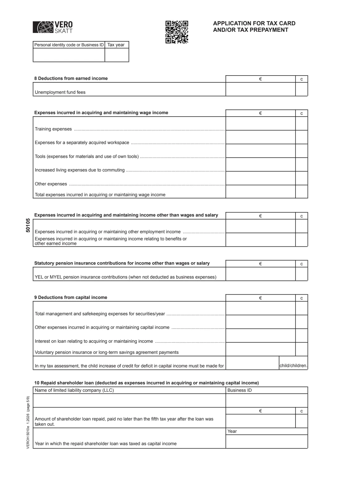 Vero 5010e — tax card / prepayment application (residents) (2026) Application for tax card and/or tax prepayment (VEROH 5010e) — page 5 of 9