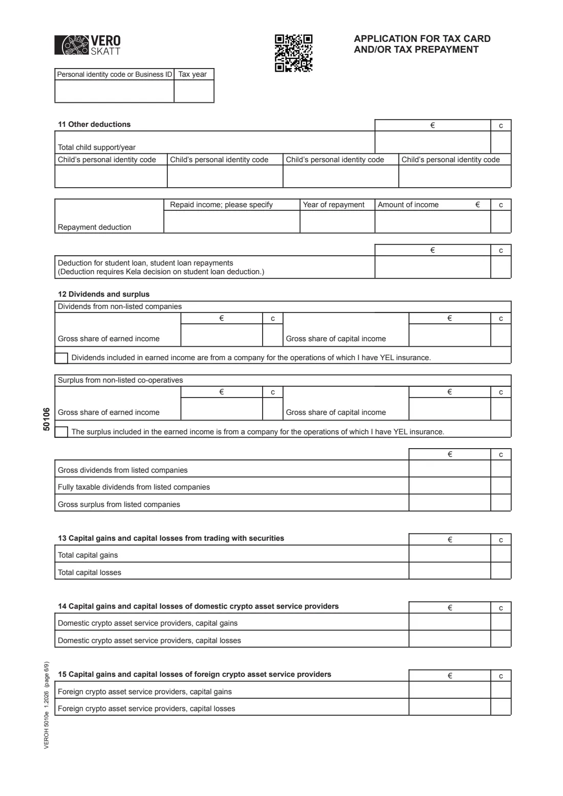 Vero 5010e — tax card / prepayment application (residents) (2026) Application for tax card and/or tax prepayment (VEROH 5010e) — page 6 of 9