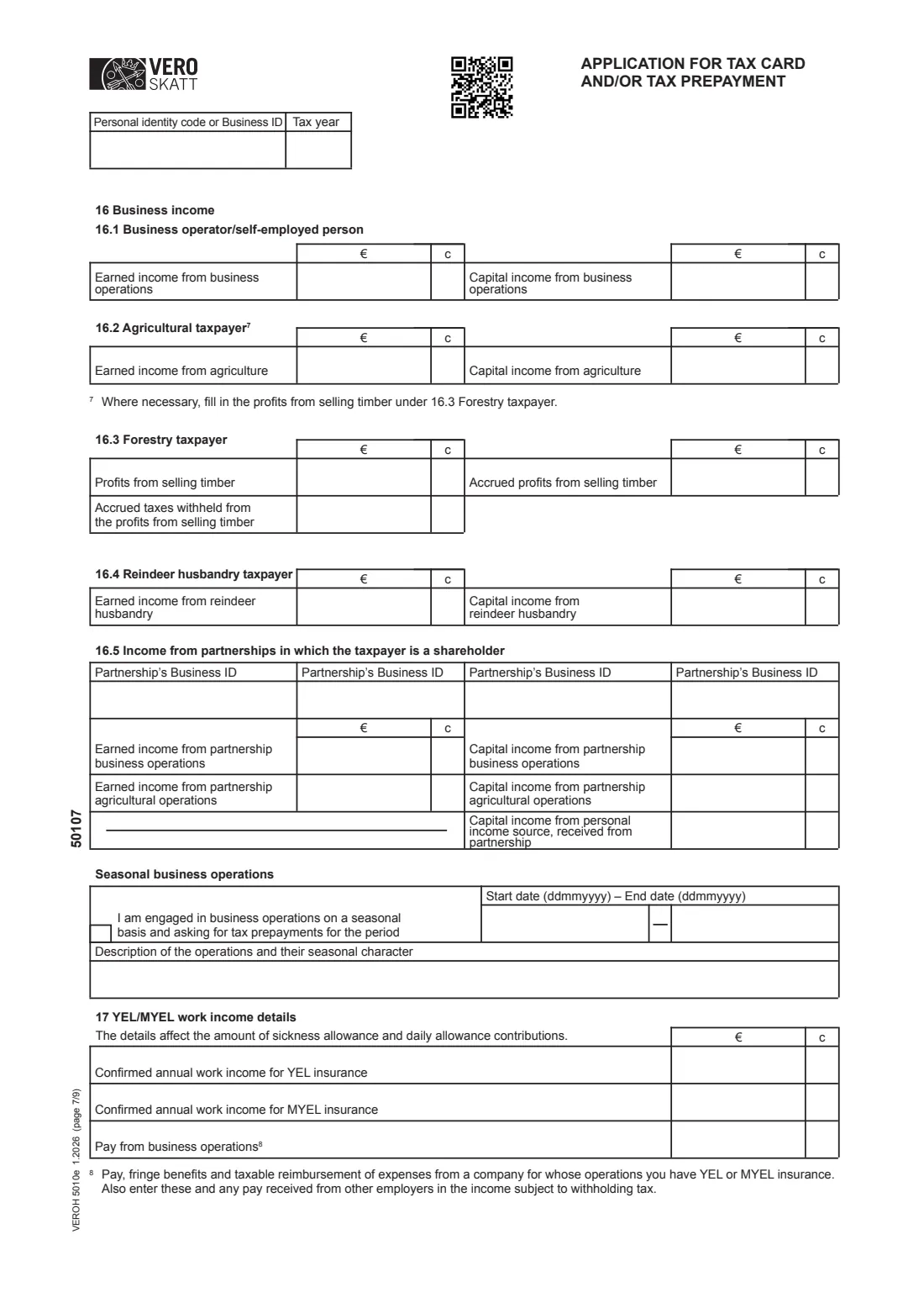 Vero 5010e — tax card / prepayment application (residents) (2026) Application for tax card and/or tax prepayment (VEROH 5010e) — page 7 of 9