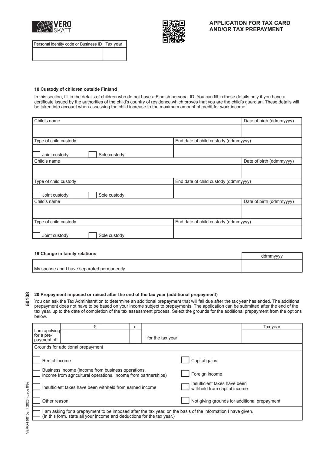 Vero 5010e — tax card / prepayment application (residents) (2026) Application for tax card and/or tax prepayment (VEROH 5010e) — page 8 of 9