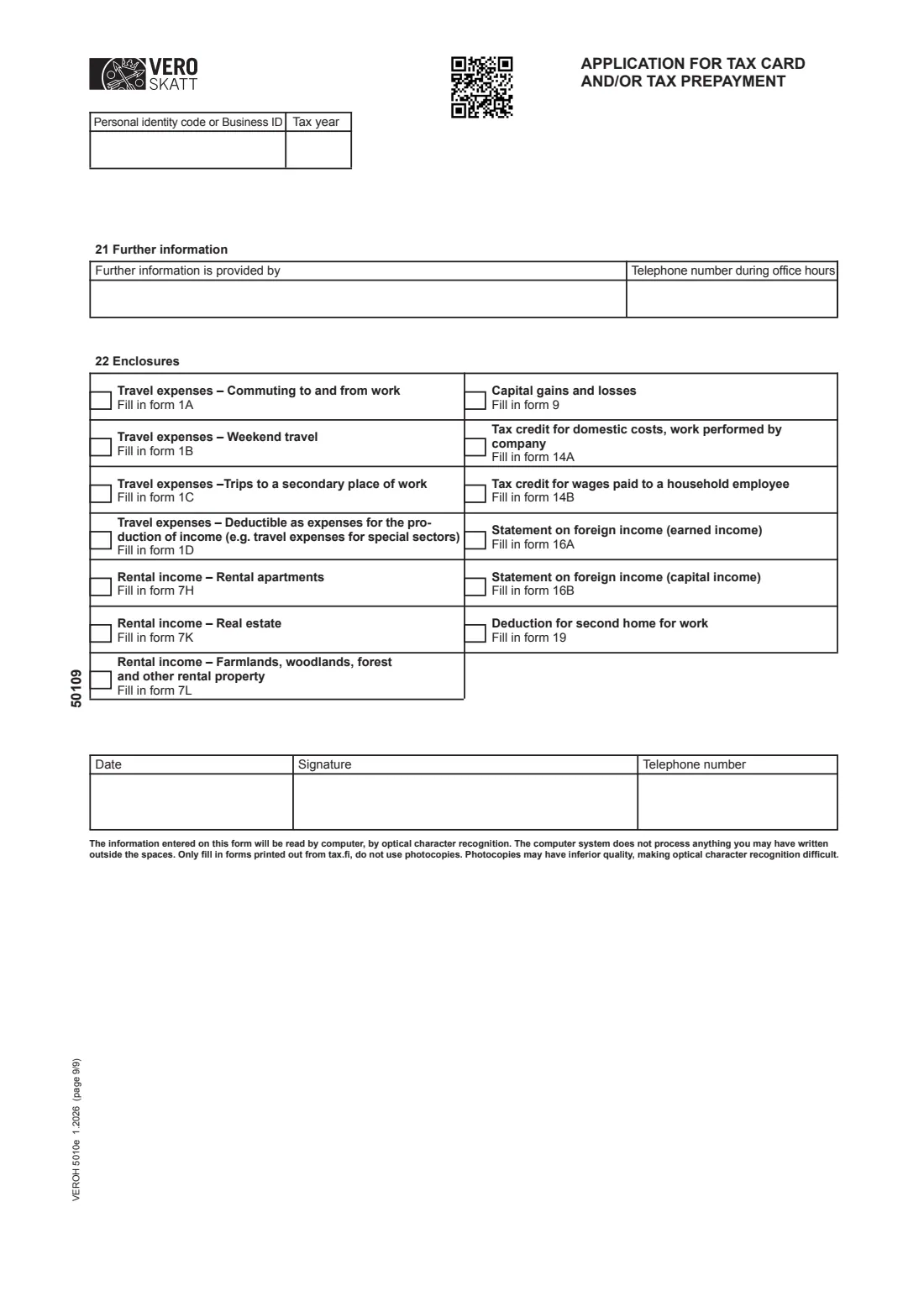 Vero 5010e — tax card / prepayment application (residents) (2026) Application for tax card and/or tax prepayment (VEROH 5010e) — page 9 of 9