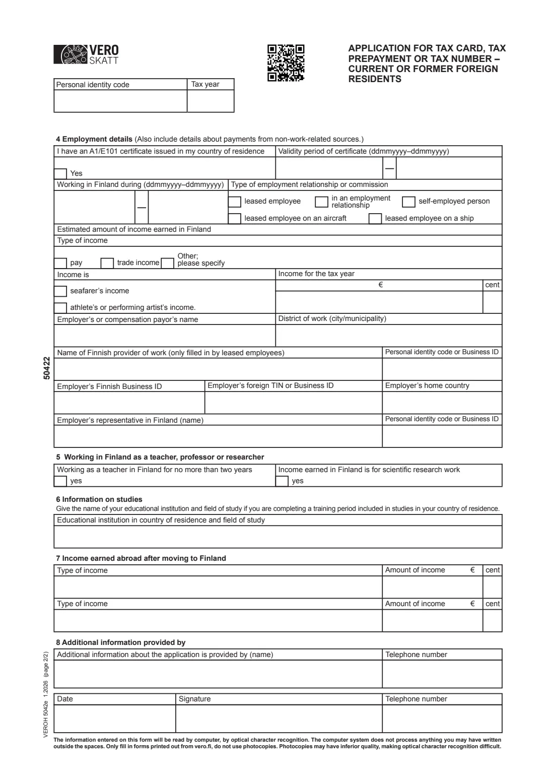 Vero 5042e — tax card application for people moving to Finland (2026) Application for tax card, tax prepayment or tax number – current or former foreign residents (VEROH 5042e) — page 2 of 2