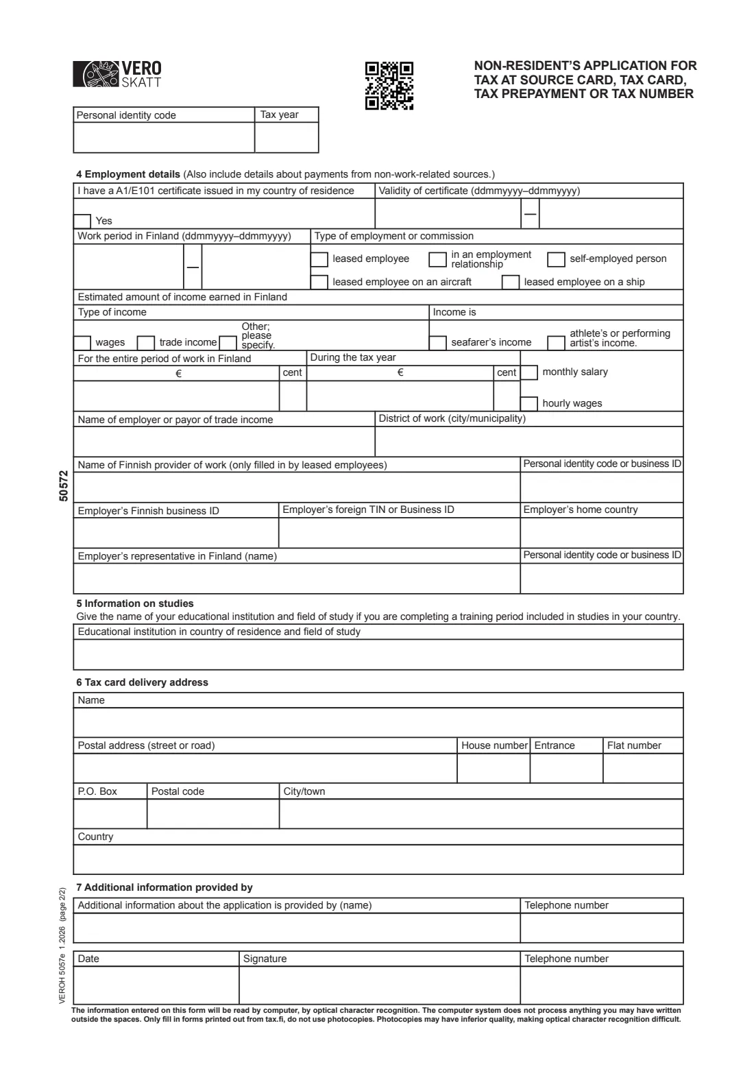 Vero 5057e — non-resident's tax-at-source card / tax card application (2026) Non-resident's application for tax at source card, tax card, tax prepayment or tax number (VEROH 5057e) — page 2 of 2