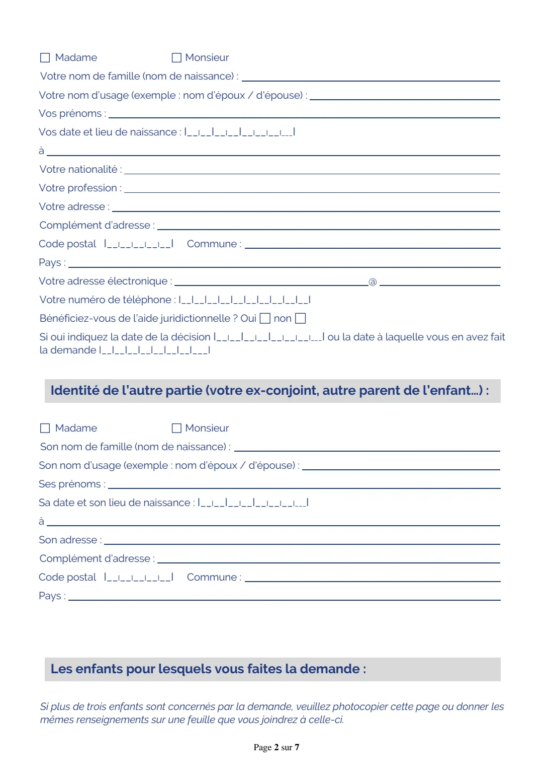 Cerfa 11530 - family judge request (children) (2026) Requête relative à l'exercice de l'autorité parentale, à la fixation de la résidence habituelle et à la contribution à l'entretien des enfants - application to the family judge about parental authority, the children's residence, contact and child support — page 2 of 7