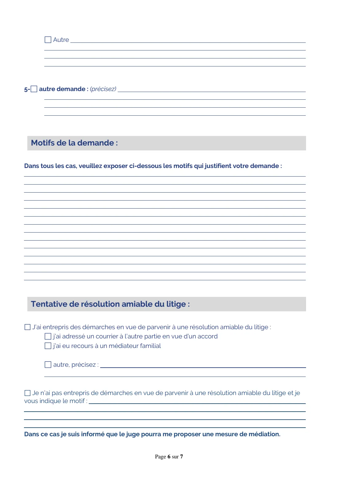 Cerfa 11530 - family judge request (children) (2026) Requête relative à l'exercice de l'autorité parentale, à la fixation de la résidence habituelle et à la contribution à l'entretien des enfants - application to the family judge about parental authority, the children's residence, contact and child support — page 6 of 7