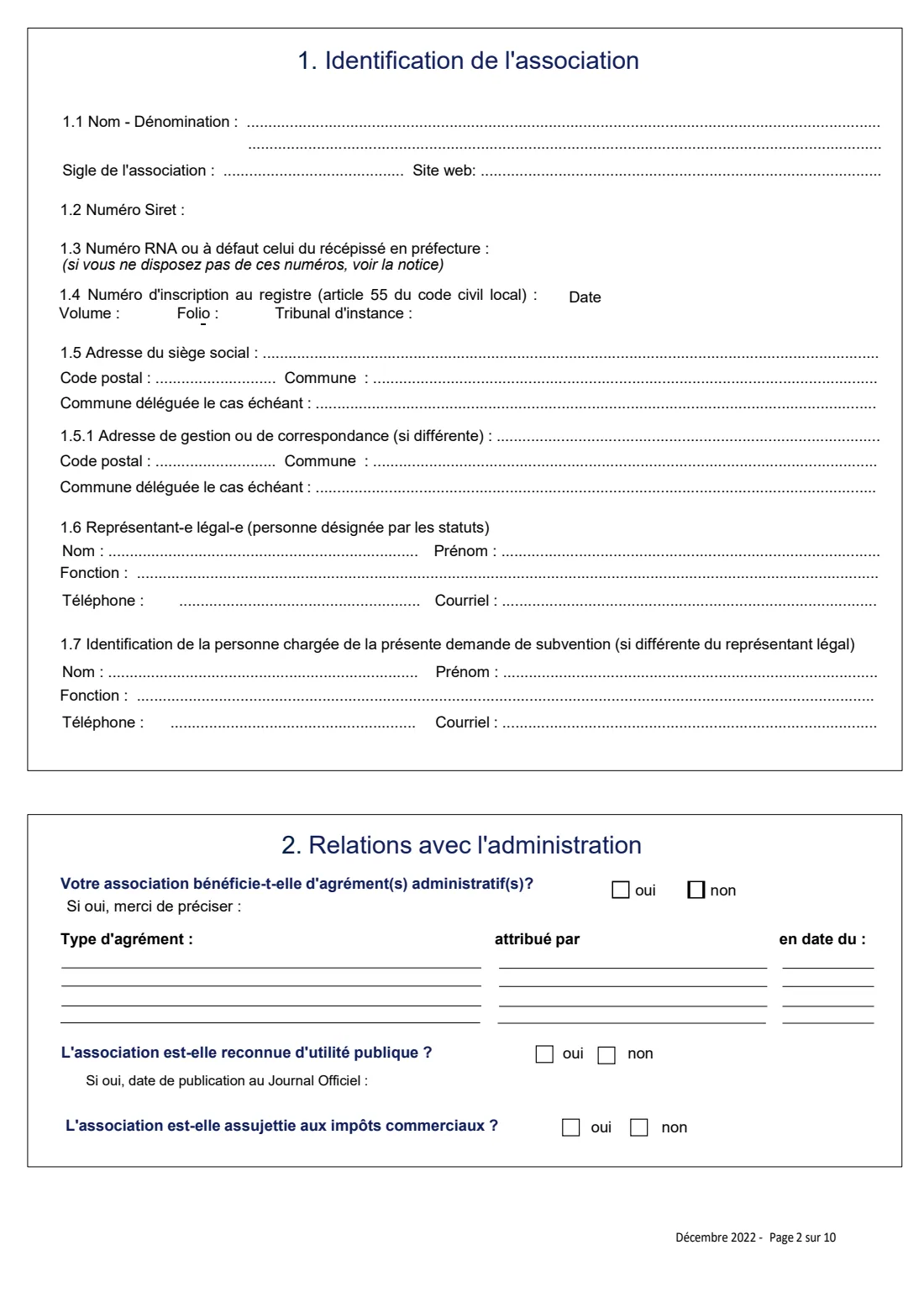 Cerfa 12156 - association grant application (2022) Associations - Demande de subvention(s), formulaire unique (Cerfa 12156*06) - Association grant application — page 2 of 10