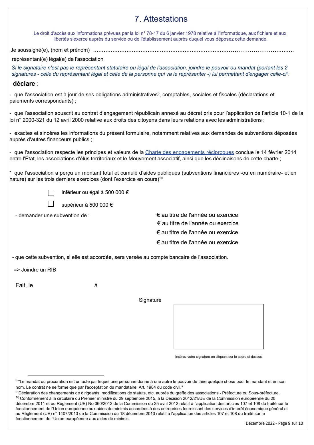 Cerfa 12156 - association grant application (2022) Associations - Demande de subvention(s), formulaire unique (Cerfa 12156*06) - Association grant application — page 9 of 10