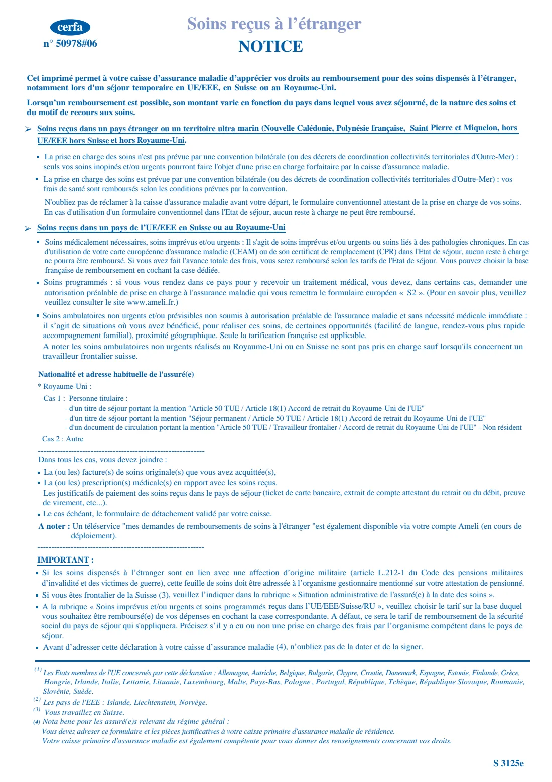 Cerfa 12267 - care received abroad (S3125) (2026) Soins reçus à l'étranger - Déclaration à compléter par l'assuré(e) (Cerfa 12267*06, S3125) - Claim for care received abroad — page 2 of 2