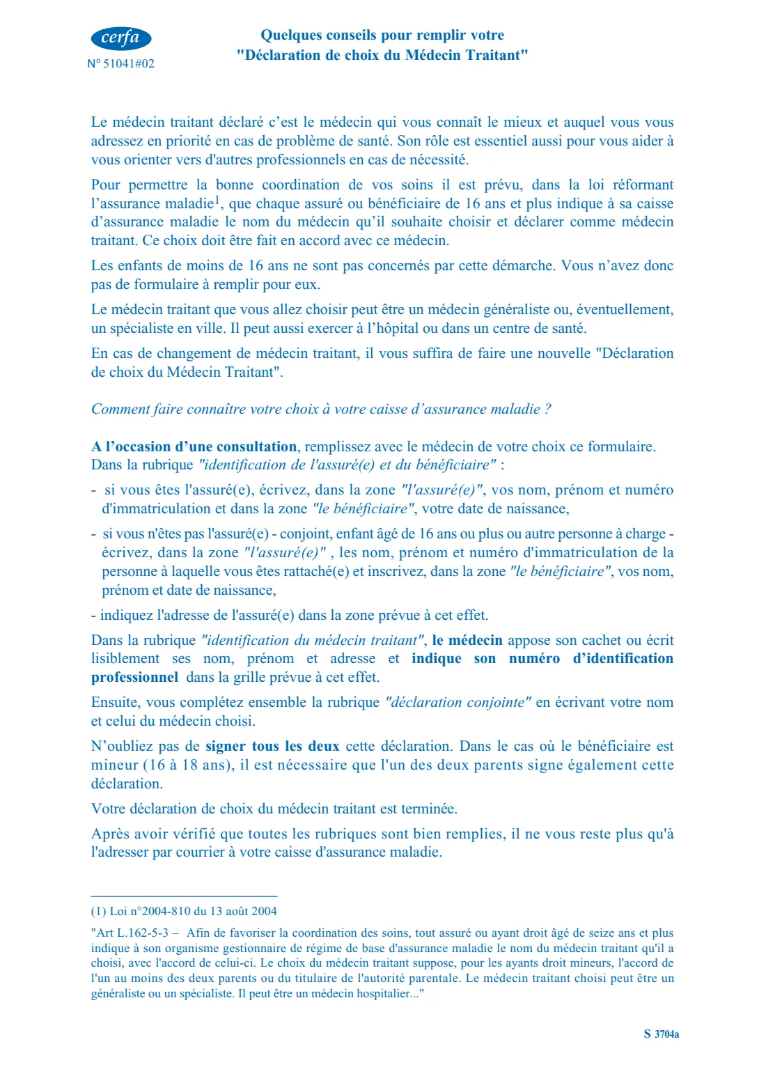 Cerfa 12485 - choosing your médecin traitant (2026) Déclaration de choix du médecin traitant (S 3704a) - declaring your regular doctor (GP) to the Assurance Maladie — page 2 of 2