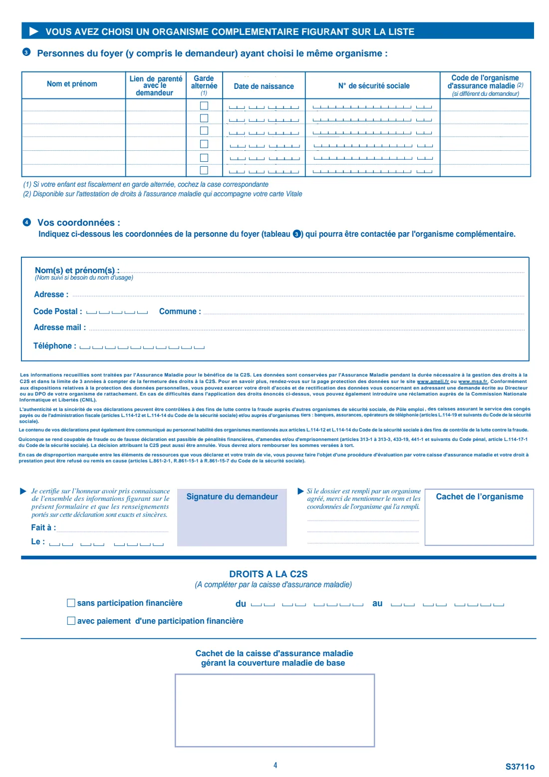Cerfa 12504 - Complémentaire santé solidaire (C2S) (2026) Demande de Complémentaire santé solidaire (C2S) - application for the free or low-cost top-up health cover (S 3711o) — page 4 of 6