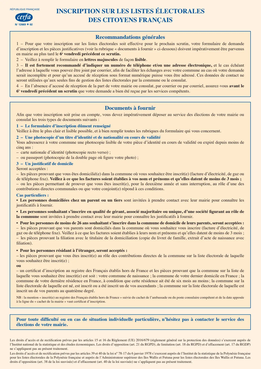 Cerfa 12669*02 — Voter registration (inscription sur les listes électorales) (2026) Demande d'inscription sur les listes électorales à l'usage des citoyens français (Application to register on the electoral rolls — French citizens) — page 2 of 2