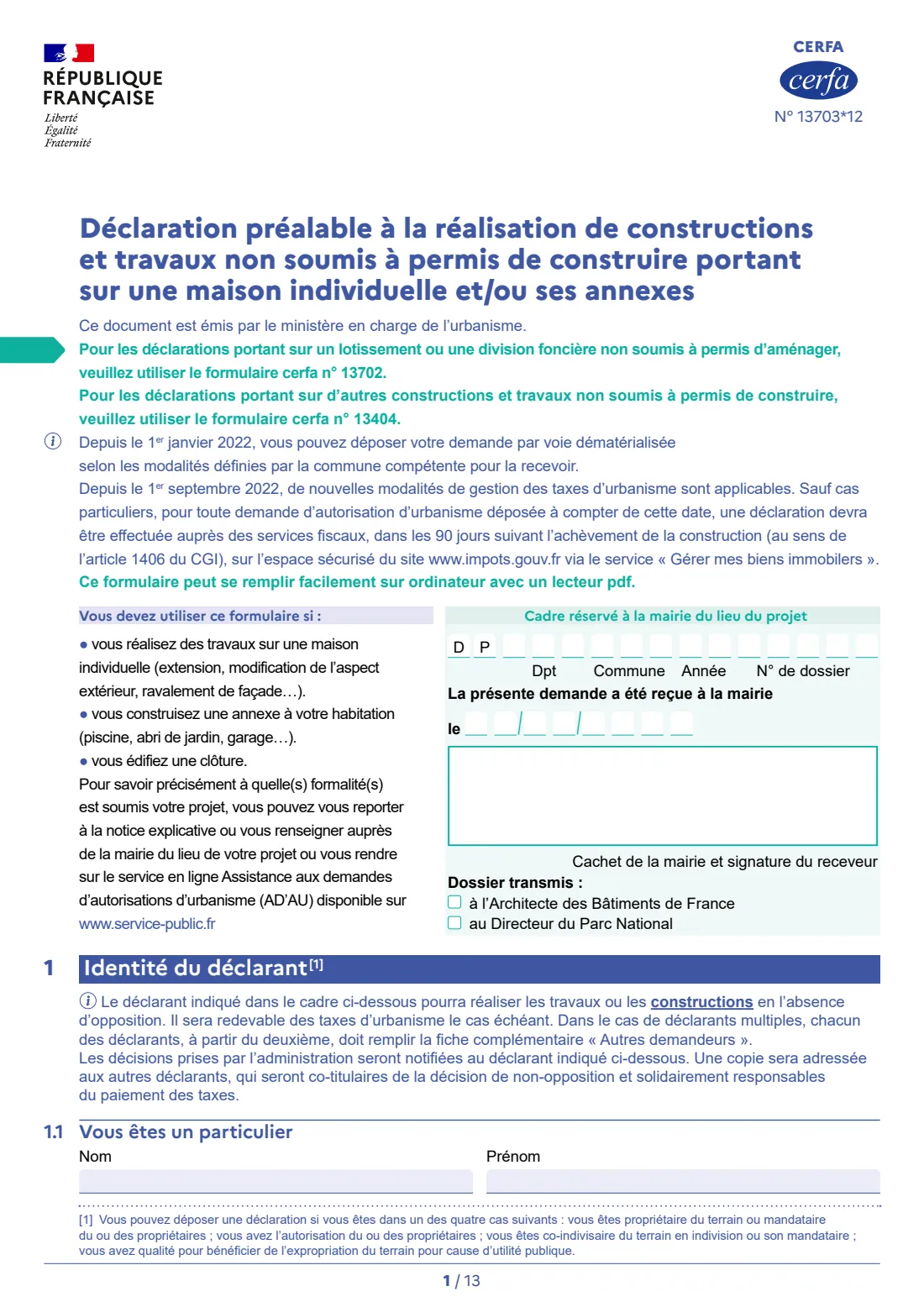 Cerfa 13703 - déclaration préalable (house works) (2026) Déclaration préalable - constructions et travaux non soumis à permis de construire portant sur une maison individuelle et/ou ses annexes - prior declaration for works on a detached house — page 3 of 15