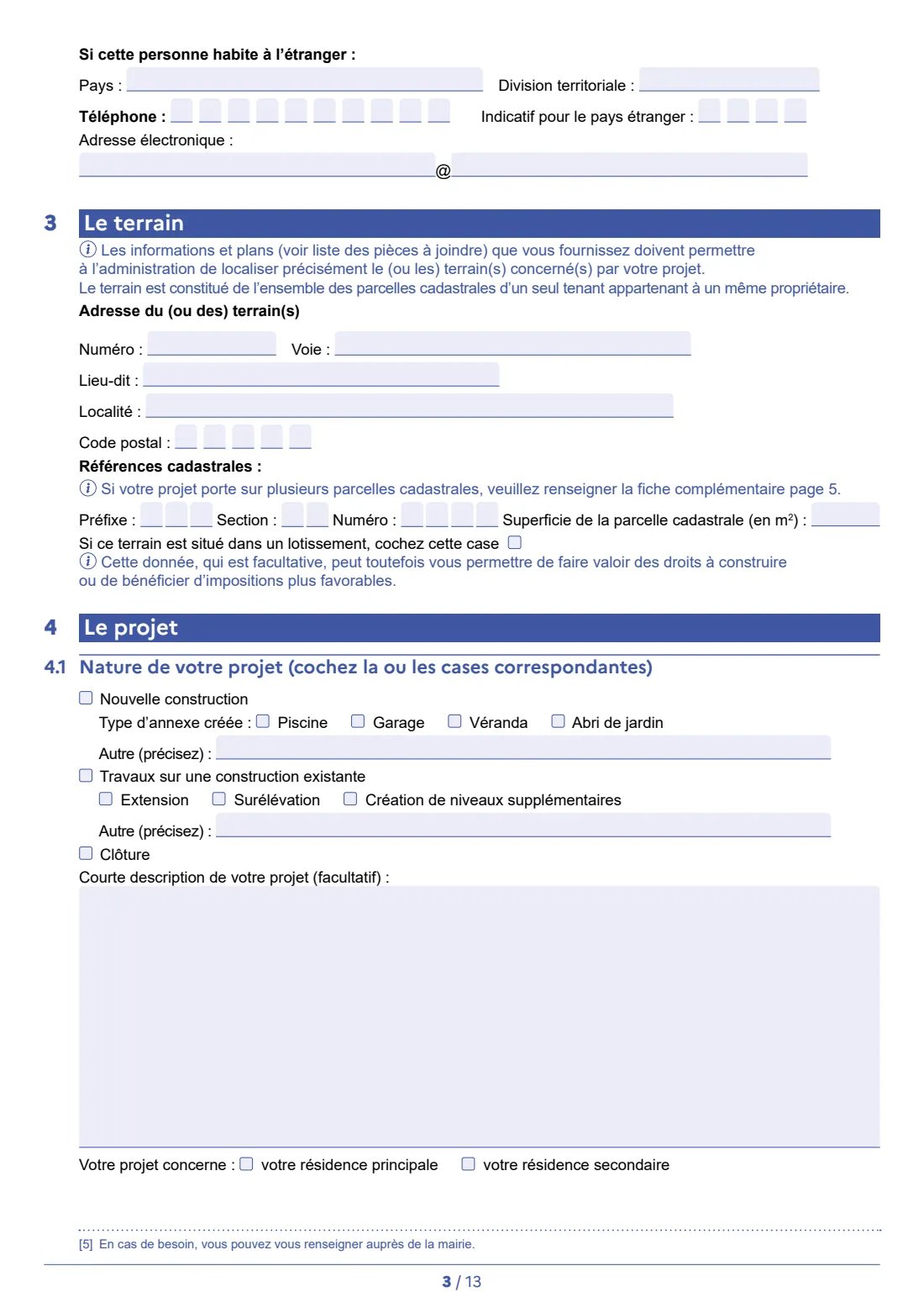 Cerfa 13703 - déclaration préalable (house works) (2026) Déclaration préalable - constructions et travaux non soumis à permis de construire portant sur une maison individuelle et/ou ses annexes - prior declaration for works on a detached house — page 5 of 15