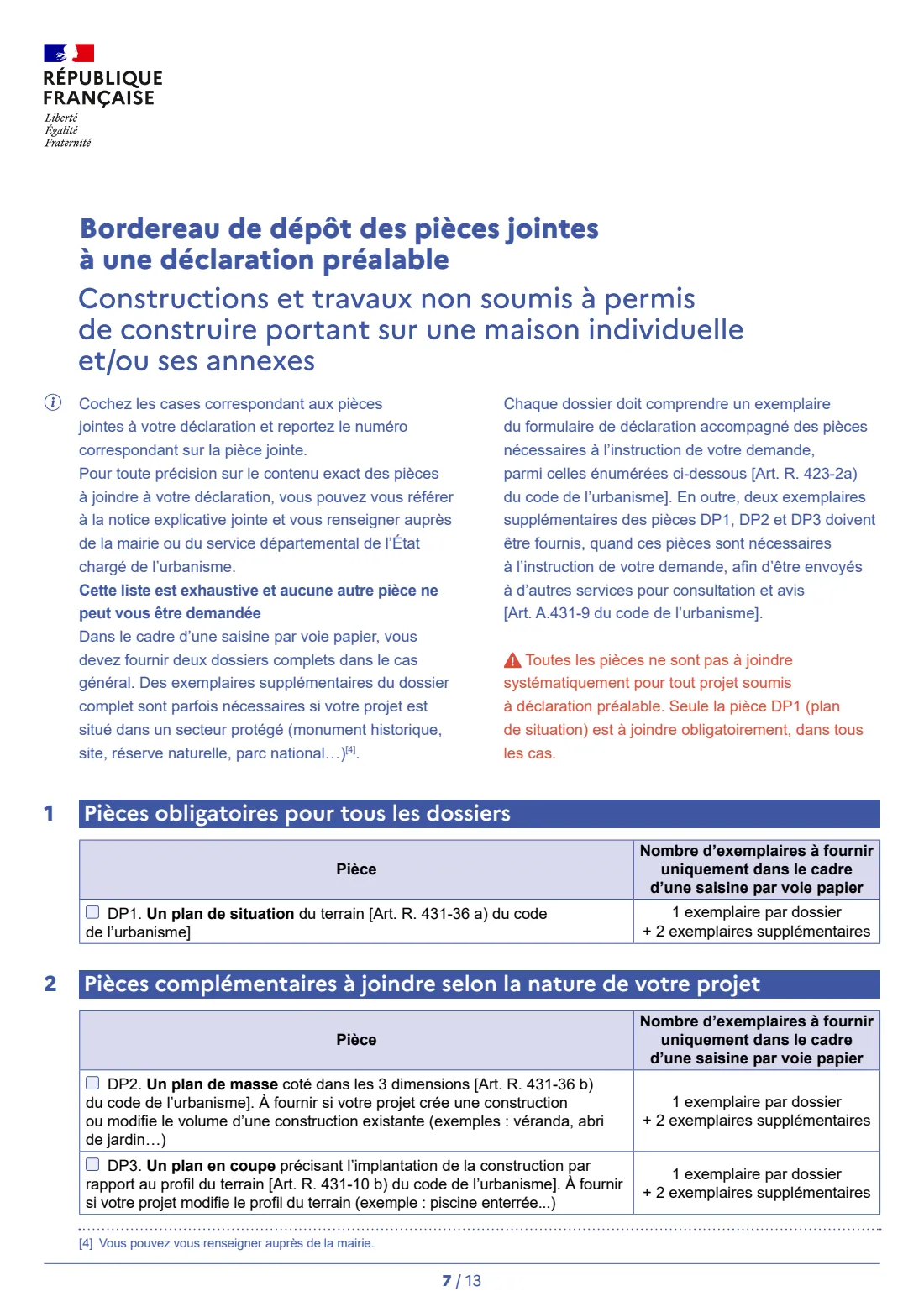 Cerfa 13703 - déclaration préalable (house works) (2026) Déclaration préalable - constructions et travaux non soumis à permis de construire portant sur une maison individuelle et/ou ses annexes - prior declaration for works on a detached house — page 9 of 15