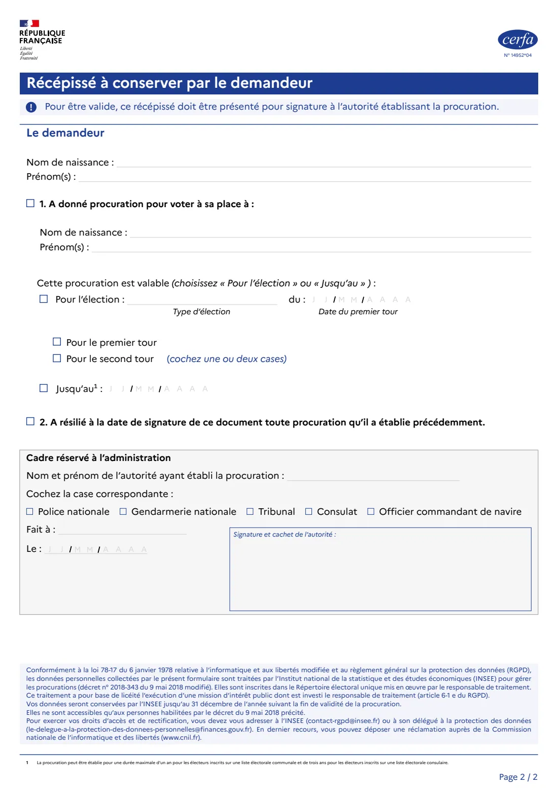Cerfa 14952 — voting by proxy (2026) Vote par procuration — page 2 of 2